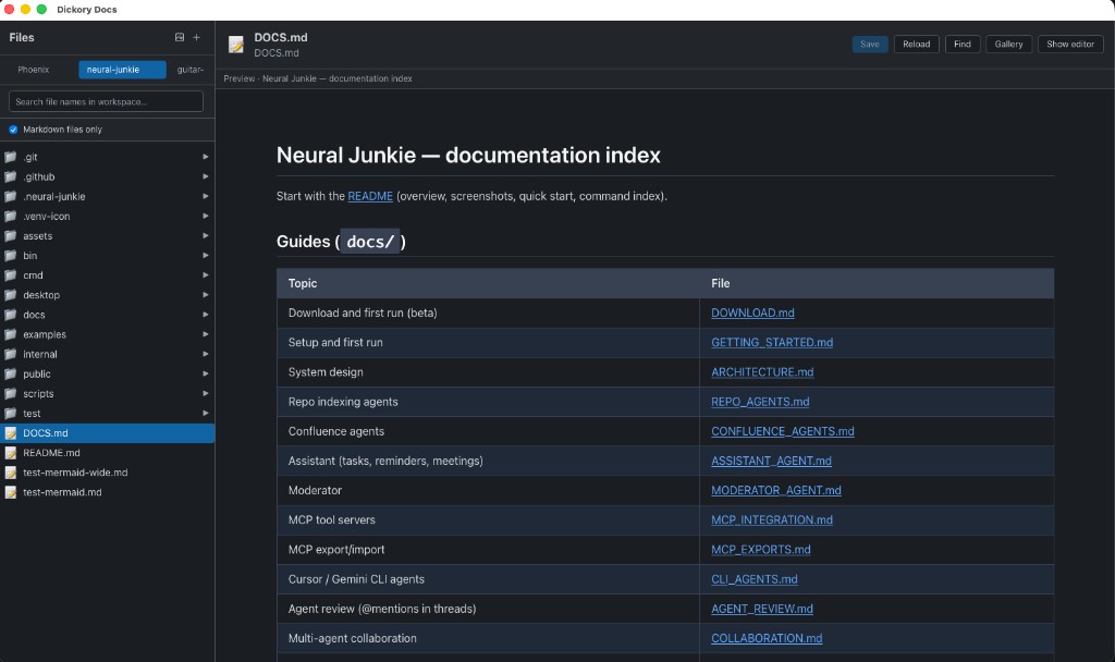 Dickory Docs preview-only mode showing a documentation index with a topic and file table
