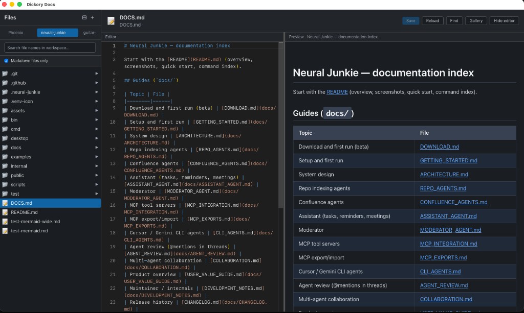 Dickory Docs split view: Monaco editor and rendered Markdown preview with a documentation table