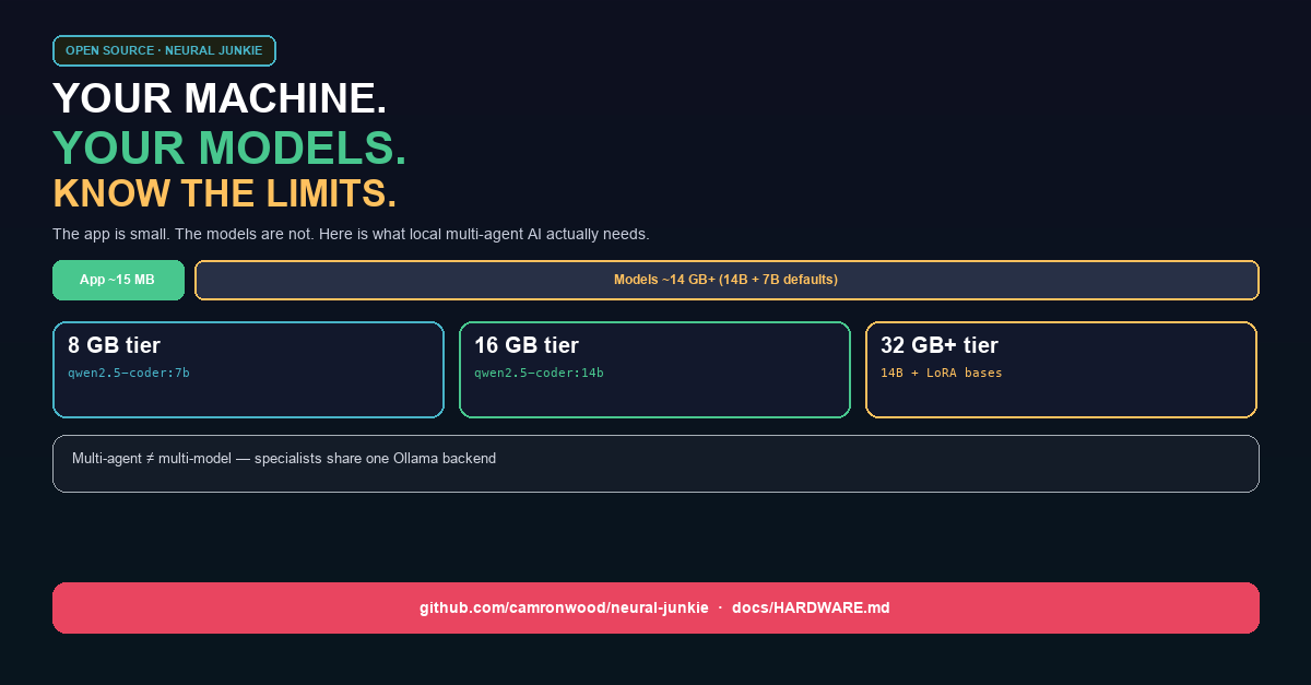 Neural Junkie hardware guide: RAM tiers, model disk sizes, app vs models